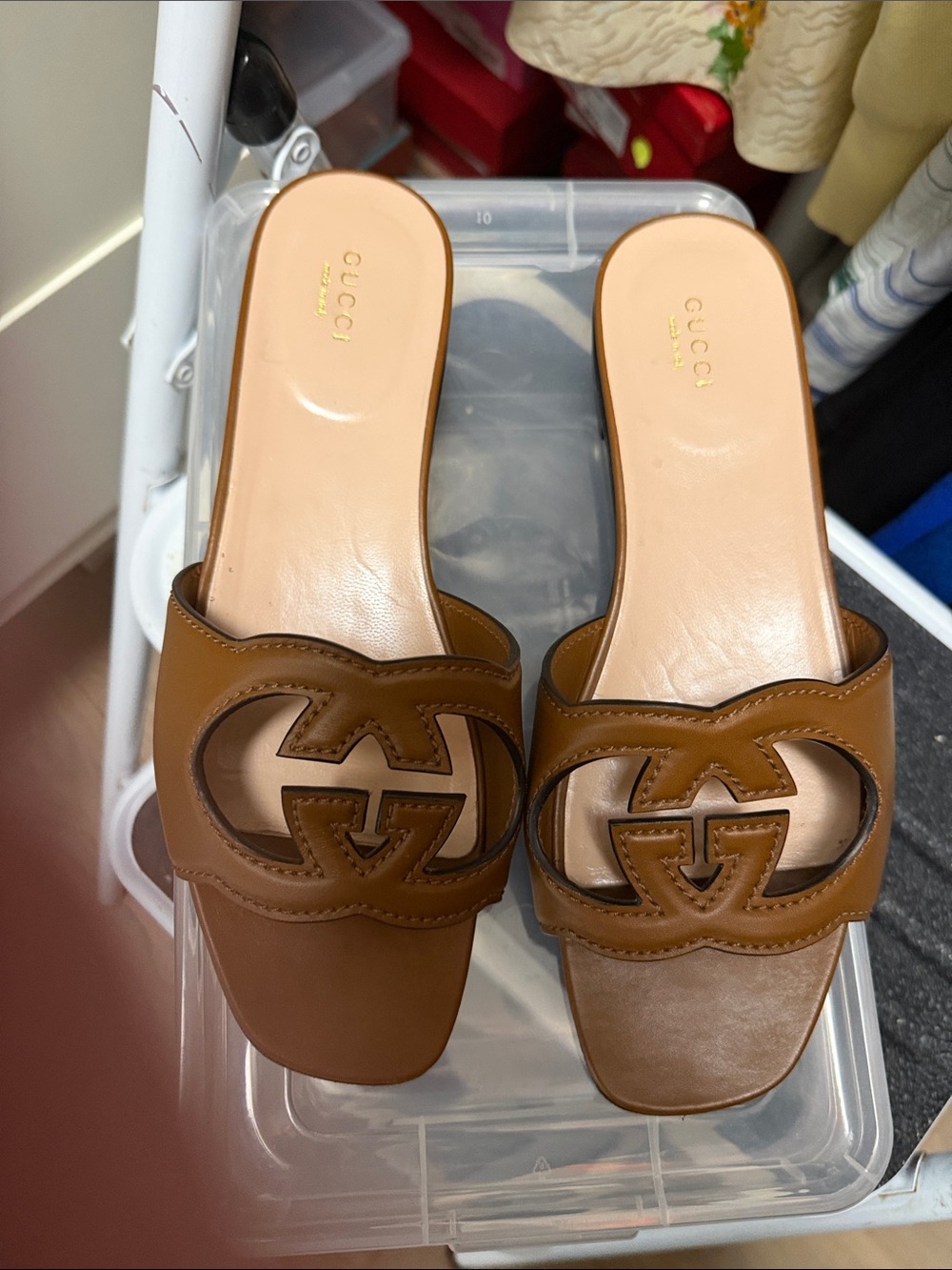 Gucci Brown Leather GG Cutout Slide Mules